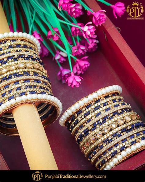 Champagne Stone With Pearl Blue Thread Bangles Set Both Hand Pair Punjabi Traditional