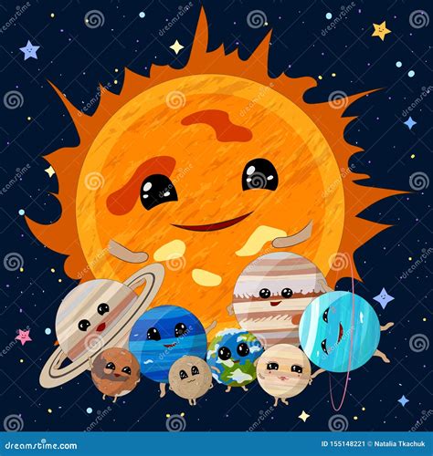 Cartoon Sun With Planets Of Solar System On Space Background Vector