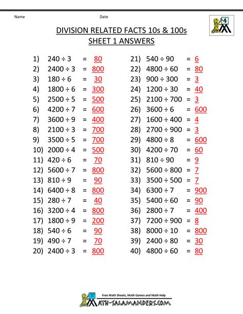 Dividing By Multiples Of 10 And 100 Sheet 1 Answers In 2020 Printable