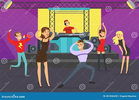 Night Party Young People Dancing In Club Male Dj Playing Track And