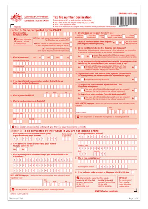 Printable Tax File Number Application Form - Printable Forms Free Online