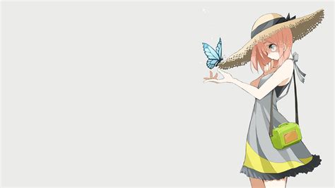 Dress Blue Eyes Straw Hat Orange Hair Simple Background Anime