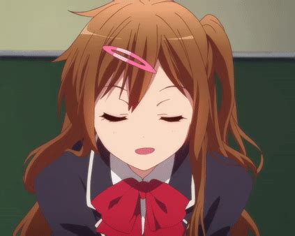 An Anime Girl With Long Brown Hair Wearing A Red Bow Around Her Neck And Eyes Closed