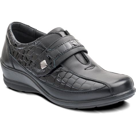 Sanita Black Leather With Patent Croc Velcro Shoe