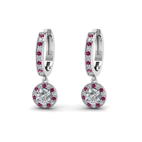 Round Cut Diamond Hoops Earrings With Pink Sapphire In 14k White Gold Fascinating Diamonds