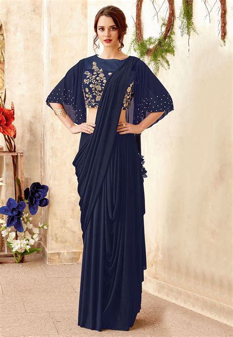 pre stitched lycra cowl style saree in navy blue in 2021 saree styles stylish sarees