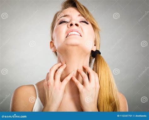 Woman Scratching Her Itchy Neck With Allergy Rash Stock Image Image