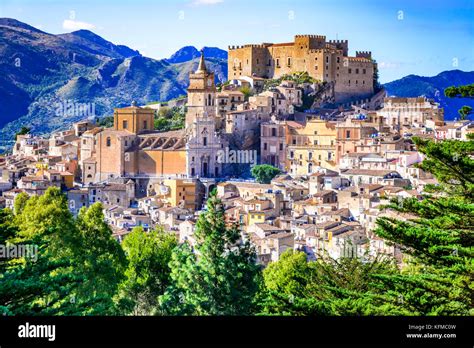 Caccamo Sicily Medieval Italian City With The Norman Castle In Sicily