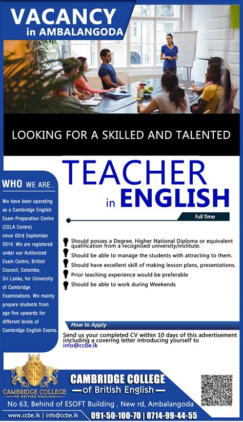 Vacancy For English Teacher Job Vacancy At Cambridge College Of British English Jobvacancies Lk