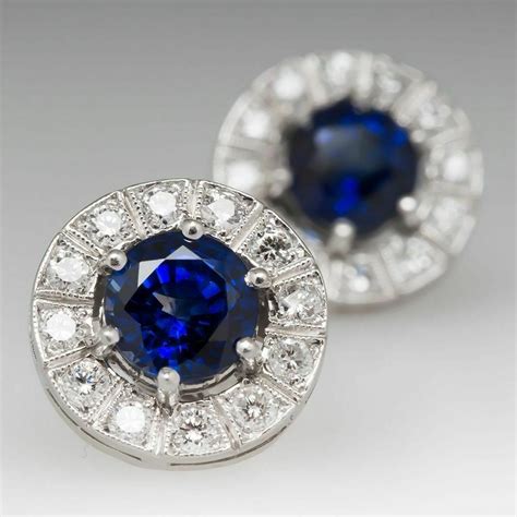 4 15Ct Round Cut Blue Sapphire Diamond Halo Stud Earrings 14K White