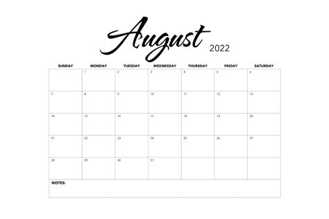 Blank Calendar Template August 2022