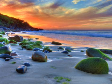 Sunset Ocean Sandy Beach Rocks Green Movi Water Nature 4k