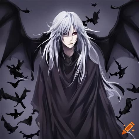 Anime Character With Long White And Black Hair Holding A Scythe Surrounded By Bats On Craiyon