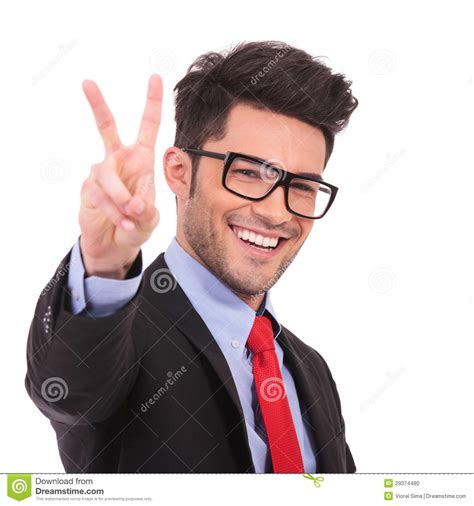 Business Man Showing Victory Sign Stock Photo Image Of Glasses