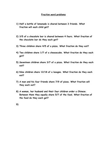 Word Problems For Dividing Fractions Teaching Resources