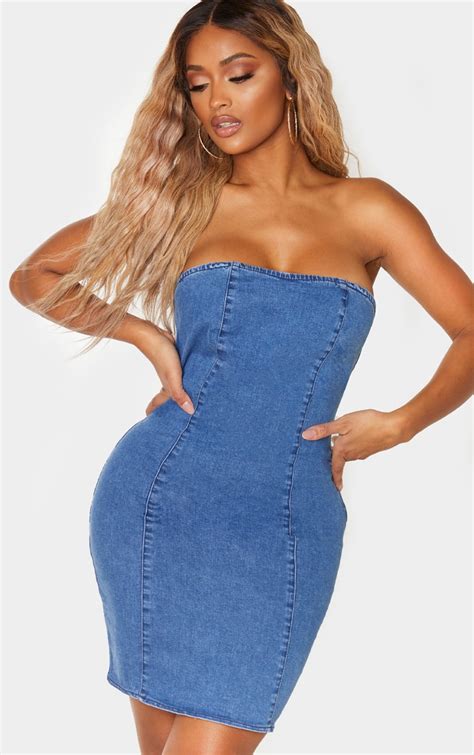 Shape Indigo Strapless Denim Bodycon Dress Prettylittlething Ca