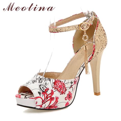 meotina high heels women pumps glitter thin high heel party shoes fringe peep toe ankle strap