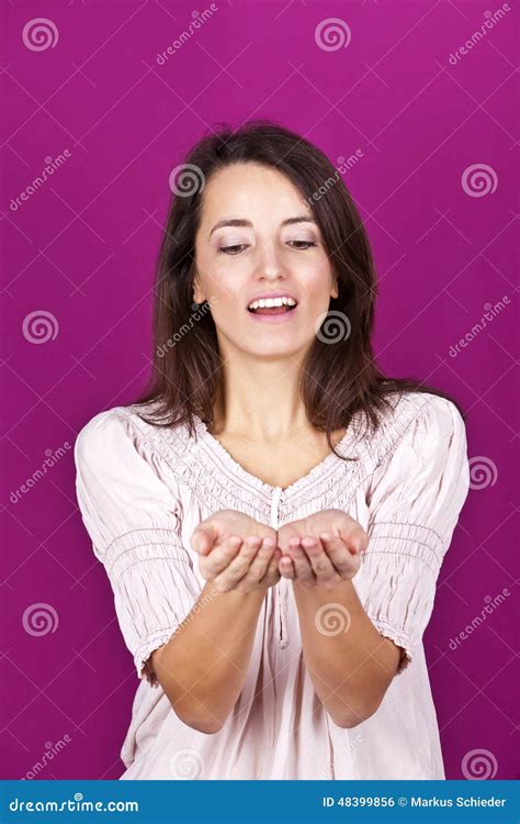 Surprised Cheerful Woman With Open Hand Palms Stock Photo Image Of