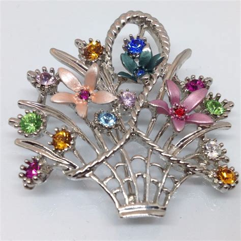 Vintage Flower Basket Arrangement Brooch Pin Colorful Rhinestones Enamel Jewelry Sale