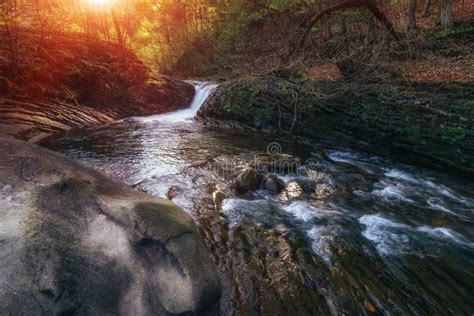 Amazing Panoramic Landscape Mountain River In Autumn Forest At Sunlight