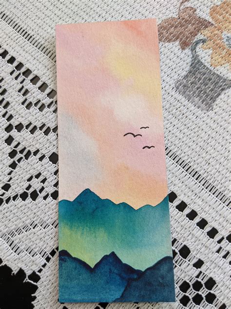 Original Watercolor Bookmark Sunset Mountain Etsy