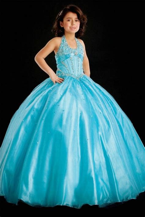 Ball Gown Halter Beading Tulle Baby Blue Satin Girl Pageant Dress