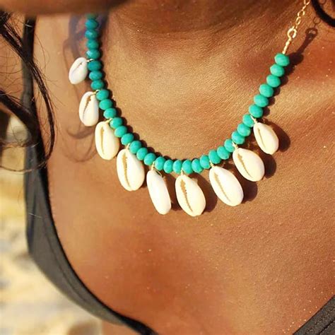 Turquoises Choker Cowrie Shell Beaded Statement Necklace Women Sea