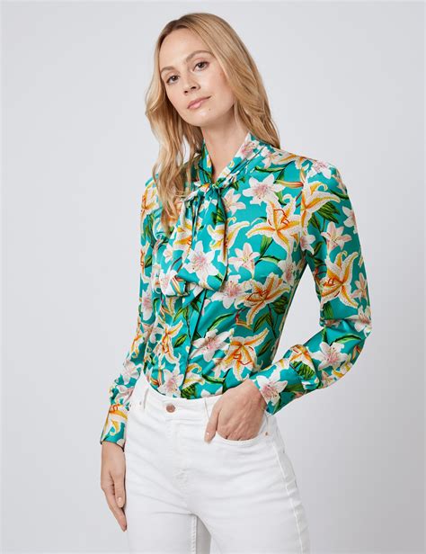 Womens Emerald Green Tropical Floral Fitted Satin Blouse Single Cuff