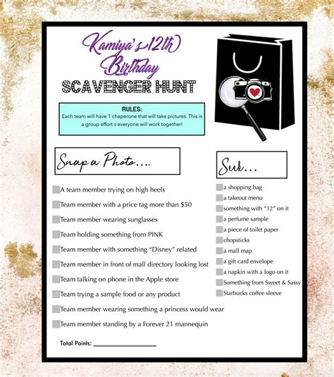 Shopping Mall Scavenger Hunt Birthday Party Game Low Cost Birthday