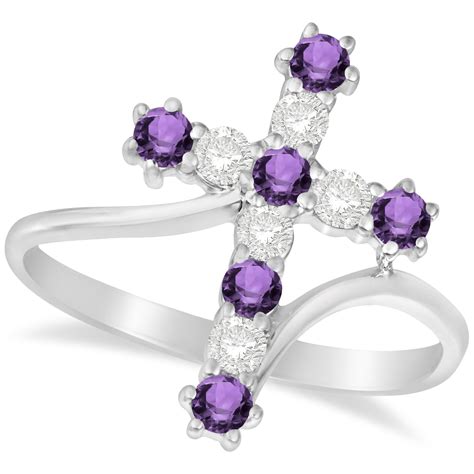 Diamond & Amethyst Religious Cross Twisted Ring 14k White Gold 0.51ct