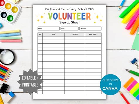 Pta Sign Up Sheet Template Pto Sign Up Sheet Printable School Event