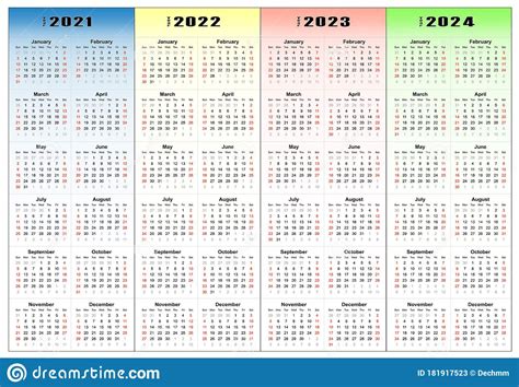 Calendar 2021 2022 2023 2024 Years Set Stock Vector Illustration