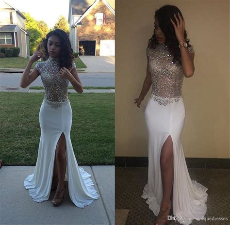 Black Girls 2018 White Front Split Prom Dresses Long Mermaid High Neck