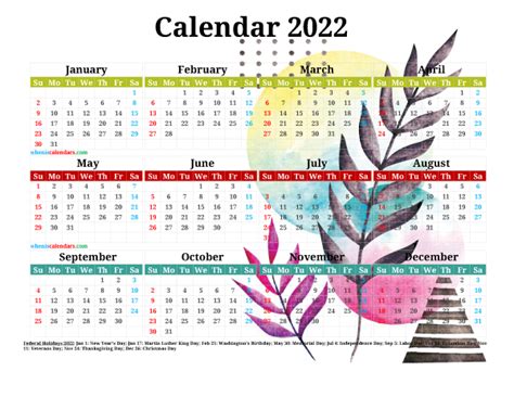 12 2022 Free Printable Yearly Calendar Watercolor Premium