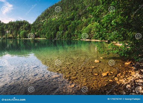 Panoramic View Of Idyllic Summer Landscape In The Alps With Clear