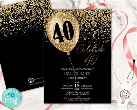 Diy 40th Birthday Balloon Invitation Printable Template Black Gold