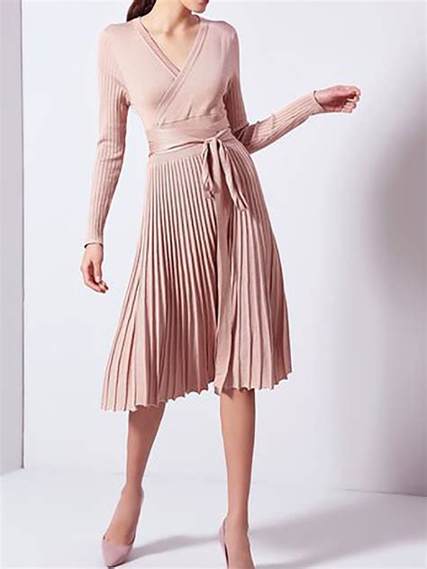 Pink Wrap Long Sleeve A Line Sweater Dresses