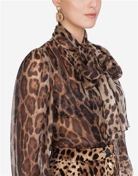 Dolce And Gabbana Silk Pussy Bow Organza Shirt With Leopard Print In Brown Lyst
