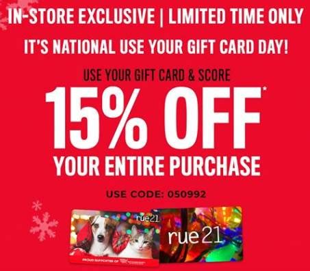 Raise.com offers discounts of up to 30% on gift cards from more than 1,000 merchants. Rue21 National Use Your Gift Card Day 2020: Extra 15% off coupon code