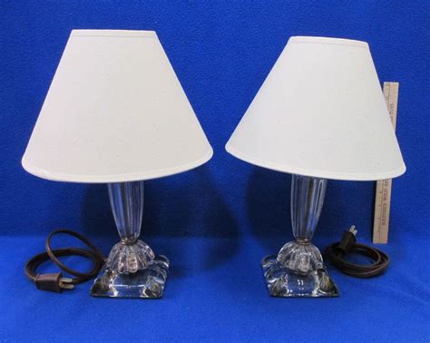 2 Vintage Table Lamps Lights Clear Glass Base W Shades Ribbed Electric Ebay Vintage Table