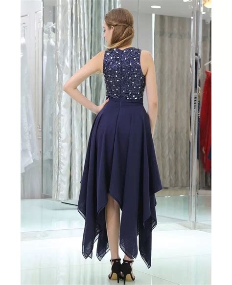 Navy Blue High Low Chiffon Prom Party Dress With Beaded Lace Bodice B019
