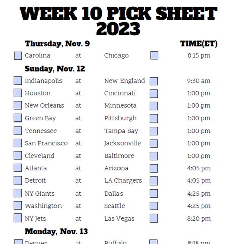 Week 9 Nfl Schedule Printable Customize And Print
