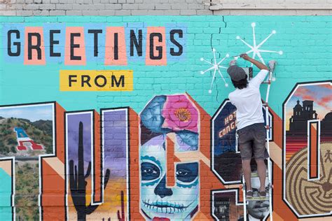 Greetings From Tucson Mural Az Street Art Postcard Welcome Sign In