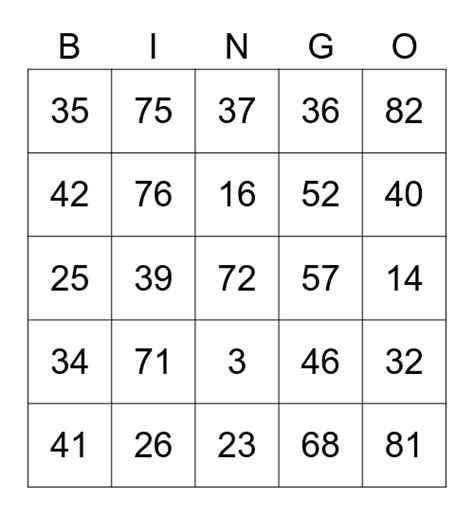 90 Ball Bingo Card