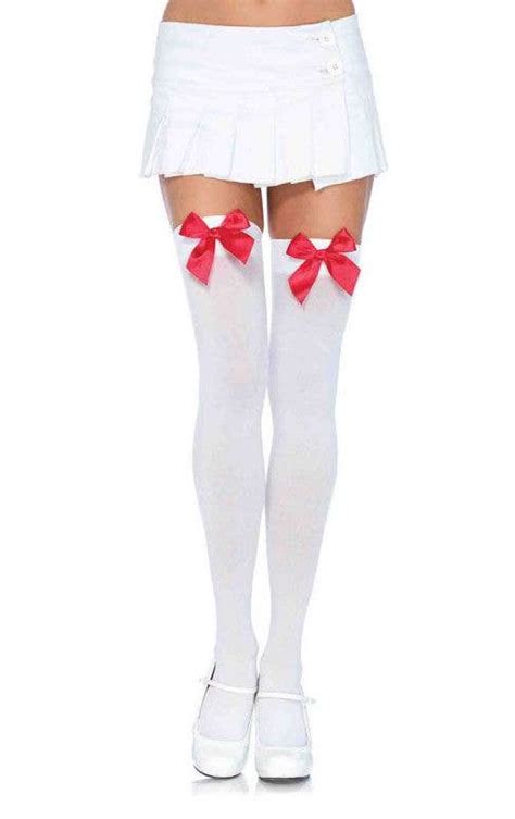 Costume Stockings White Thigh High Stockings With Red Bows Hosiery