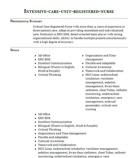 Intensive Care Unit Icu Rn Resume Objective Livecareer