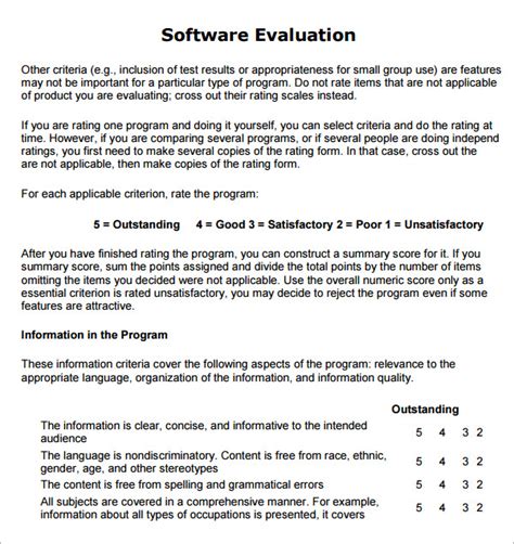 Software Evaluation Template Free