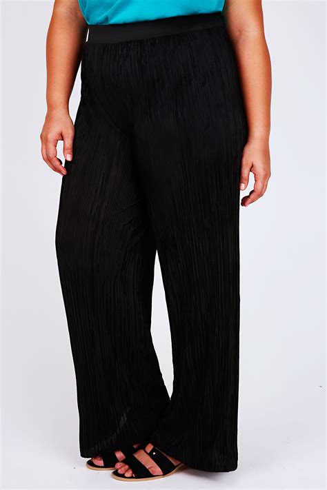Black Plisse Pleated Palazzo Trousers With Elasticated Waistband Plus Size 16 18 20 22 24 26 28 30 3