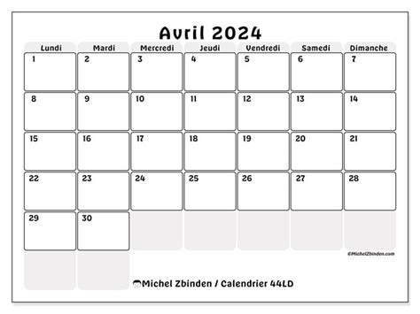 Calendrier Avril 2024 44ld Michel Zbinden Ca