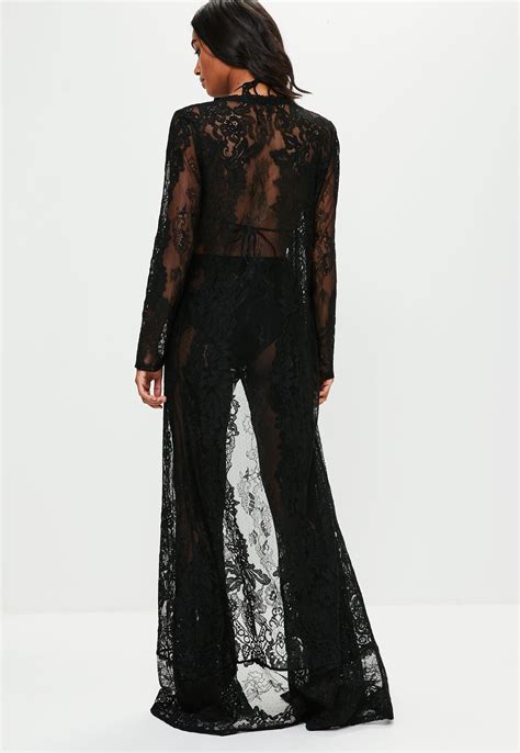 Missguided Premium Black Eyelash Lace Beach Kimono Black Lace Maxi